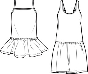 Girls Sleeveless Low Waist Dress  Set Fashion Illustration, Vector, CAD, Technical Drawing, Flat Drawing, Template, Mockup.	