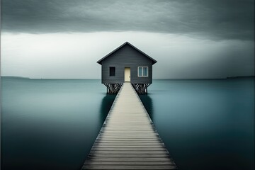Architectural photography of a minimalist contemporary house on the water. Generative AI