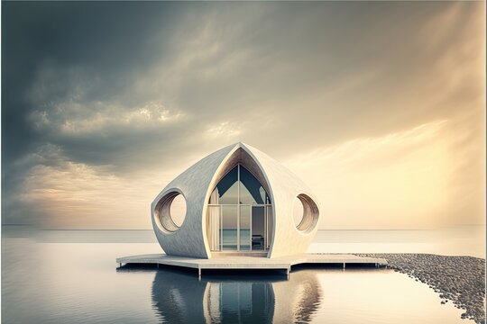 Architectural photography of a minimalist contemporary house on the water. Generative AI