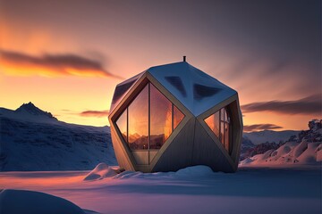 Architectural photography of a minimalist contemporary house on winter landscape. Generative AI
