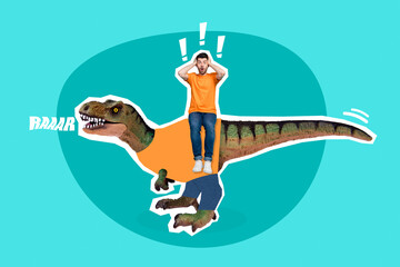 Advert magazine template collage of shocked guy ride travel giant dinosaur unexpected discount...