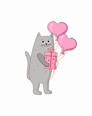Cartoon cat with a gift box and a heart shaped balloon. Cute icon of a kitten with a gift in a holiday package.