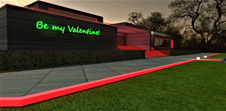 Mysterious house on the night lawn with red border. Green glowing text be my Valentine written on the wall near the entrance. 3d rendering.