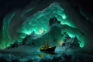 Luminouscent ice cave with ship sailing through, colorful lightning from behind on cold water 