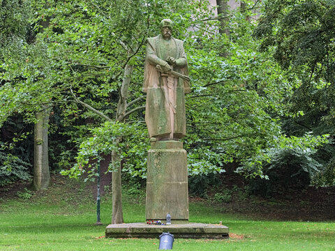Hradec Kralove, Czech Republic. Jan Zizka Monument in Zizka's gardens. The monument to the Czech national hero by sculptor Jiri Dusek and architect Jan Hejtman was unveiled on June 4, 1971.