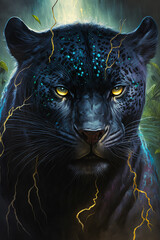 Angry black tiger in jungle. Neon blue color leopard. Generative AI