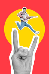 Creative magazine collage of funny guy youth rocker jump up play bank rock song on horned symbol...