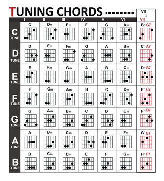 Chord Chart Standard Tuning basic for beginners. Chord Progression Chart. You can use it for the web, app, lesson, school, etc. Chords name formula. Vector Illustration.
