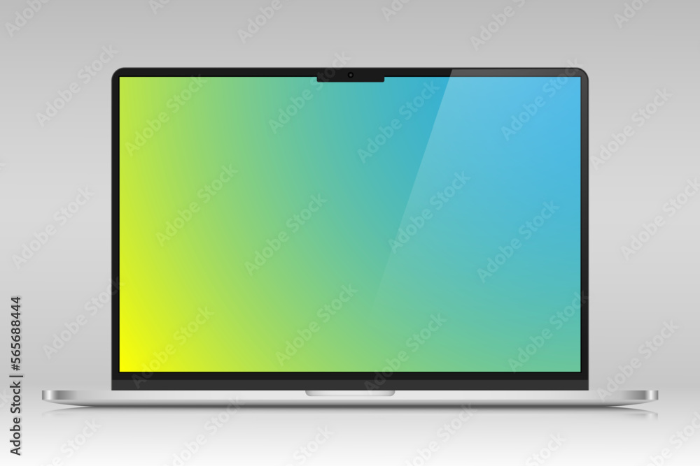 Poster a laptop with a color screen and a glare on a gray gradient background. realistic laptop layout in a