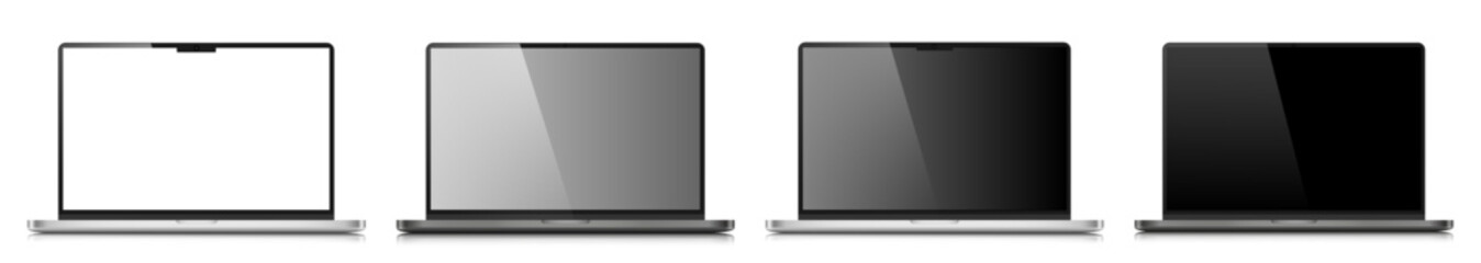 A set of realistic laptop layouts in a metal case with reflection. Modern laptops with white, gray and black screens on a white background. Vector illustration.