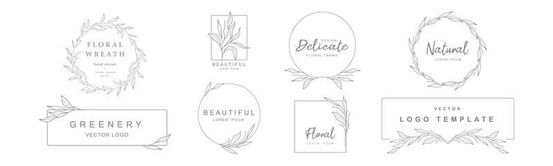 Logo templates in minimal linear style with hand drawn branches and leaves. Elegant vector floral frame for labels, corporate identity, wedding invitation save the date