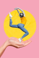 Composite collage photo of young active sportswoman jumping stretching showing flexibility exercise isolated on pink color background