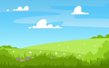 Vector illustration of beautiful summer landscape fields, flowers, trees green hills, blue sky bright color, clouds country background in flat banner cartoon style.