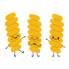 Fusilli pasta isolated on white background. Icon of fusilli pasta. Food is symbol of italian cuisine menu. Cartoon macaroni mascot.
