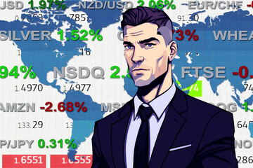 young cartoon comix businessman standing in front of a real stock market wold map chart - new quality creative financial business stock image design