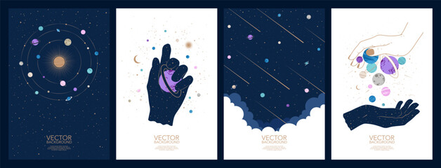 Set of space esoteric mystery magic cards and posters. Hand drawn mysterious vector illustrations. Astrology, occultism and alchemy concept.