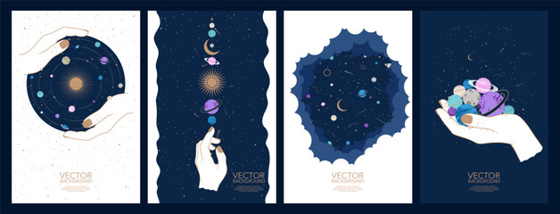 Set of space esoteric mystery magic cards and posters. Hand drawn mysterious illustrations. Astrology, occultism and alchemy concept in boho style.