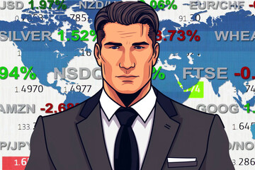 young cartoon comix businessman standing in front of a real stock market wold map chart - new quality creative financial business stock image design