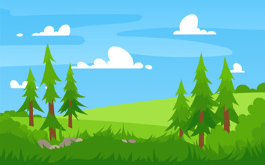 Vector illustration of beautiful summer landscape fields, flowers, tall grass, pine trees, green hills, spruce, blue sky, clouds forest  background in flat banner cartoon style. Spring season.