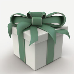 White gift box for Christmas, Birthday, Valentine's Day or special celebration gifts, with a green bow and white background