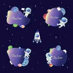 Fototapeta na wymiar Vector set of space frames with planets in the starry sky, astronaut and rocket in cartoon style and copy space for text. Space exploration. Vector illustration.