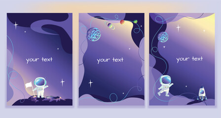 Vector set of space backgrounds with planets in the starry sky, astronaut and rocket in cartoon style and copy space for text.