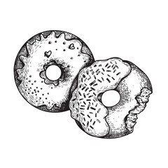 Hand drawn sketch style donuts with white glaze and sprinkles. Sweet dessert top view. Best for menu designs. Vector illustration.