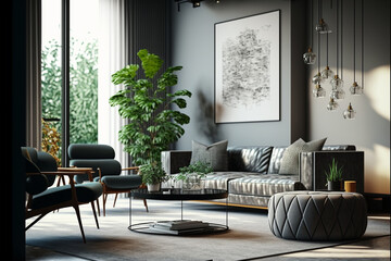 Stylish living room with modern furniture and stylish decor. Idea for interior design. AI