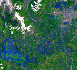 Dal Lake, India. Aerial view of a lake. Earth landscape satellite view. Selective focus included....