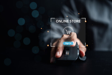 Man hand using  computer mouse, access paying online payment, banking and online shopping via banking mobile app, E-transaction and financial technology, E-commerce delivery online payment concept.