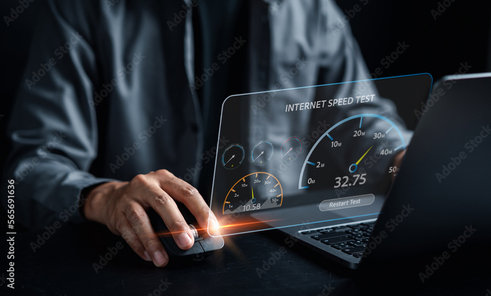 Poster Super Fast internet connection speedtest bandwidth network technology, Man using Internet high speed by smartphone and laptop computer, 5G quality, speed optimization.
