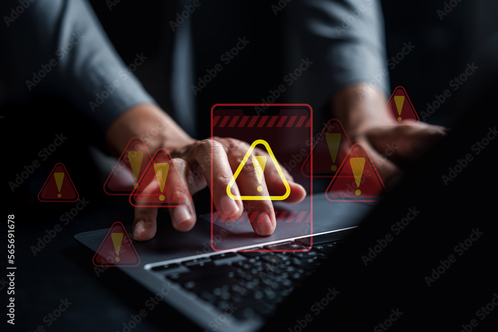 Aufkleber System warning caution sign for notification error and maintenance concept. cyber attack on computer network. Cybersecurity vulnerability, data breach, illegal connection, compromised information.