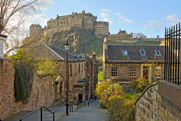 View of Edinburgh castle from the medieval streets of the old town, Scotland