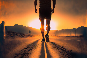 Athletic man walking on a road into the sunset