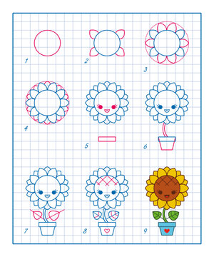 How to Draw Cute Sunflower, Step by Step Lesson for Kids cartoon vector illustration