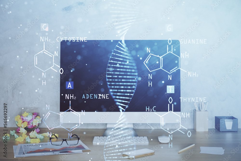 Poster desktop computer background and dna drawing. double exposure. science concept.
