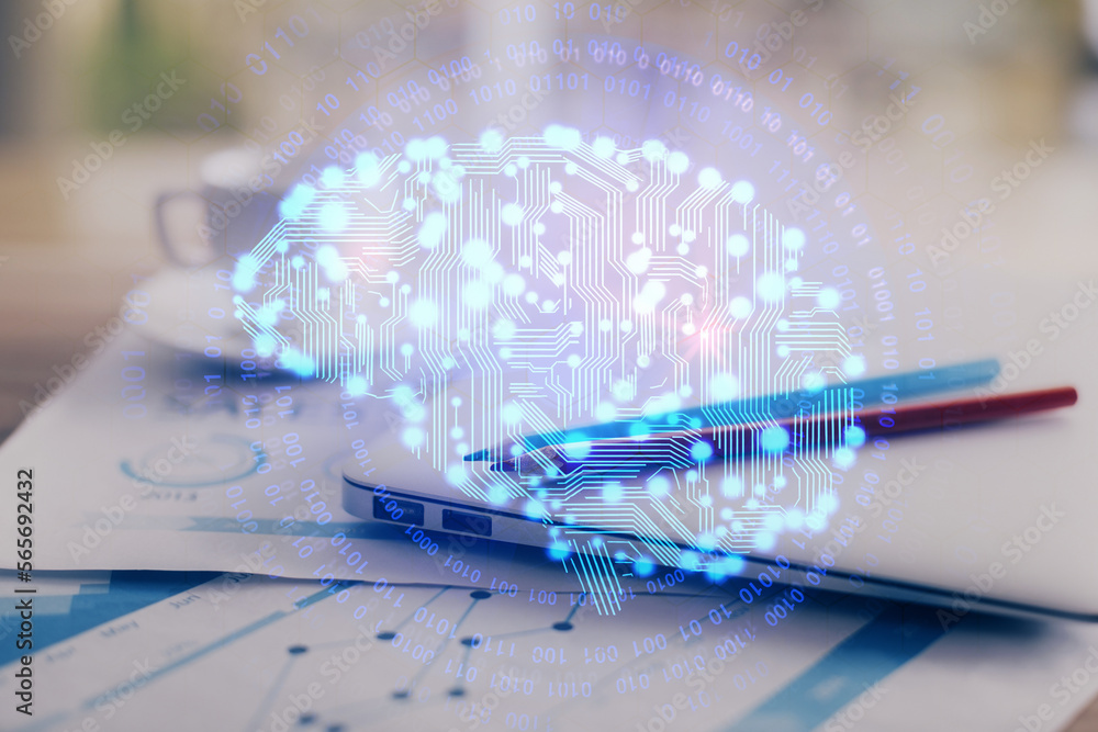 Poster double exposure of desktop with computer and brain drawing hologram. artificial intelligence concept