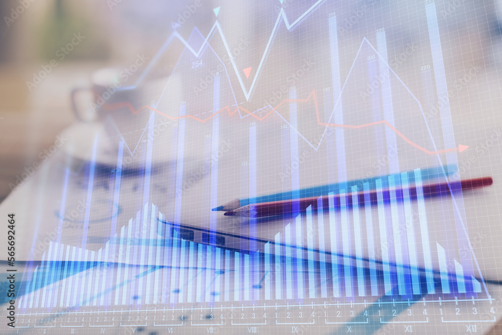 Poster forex graph hologram on table with computer background. double exposure. concept of financial market
