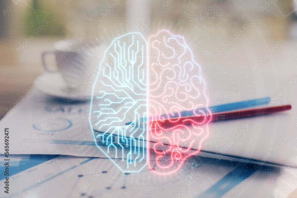 Aufkleber Double exposure of desktop with computer and brain drawing hologram. Artificial intelligence concept.