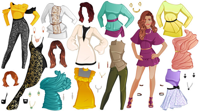 Cover Girl Paper Doll with Beautiful Lady, Outfits, Hairstyles and Accessories. Vector Illustration