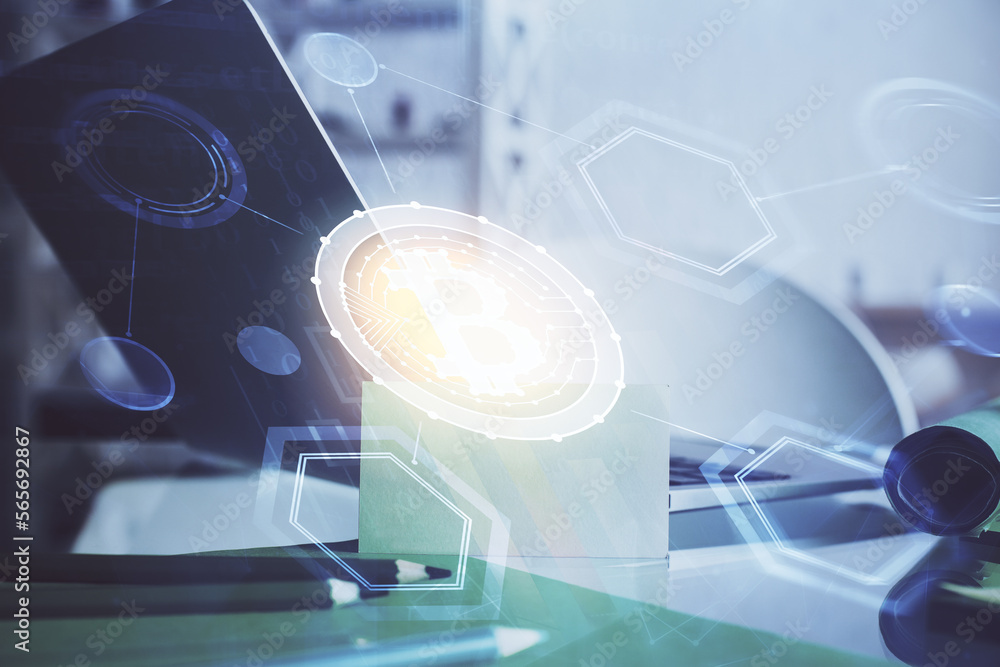 Poster Double exposure of blockchain and crypto economy theme hologram and table with computer background. Concept of bitcoin cryptocurrency.