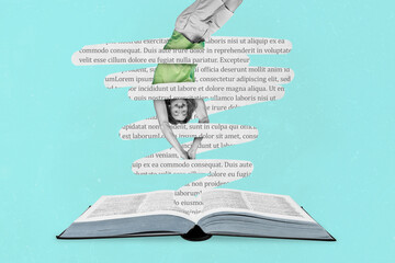 Creative retro 3d magazine collage image of funny funky guy diving book world isolated painting background