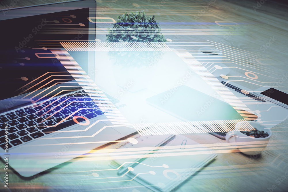 Poster Double exposure of table with computer on background and data theme drawing. Concept of innovation.