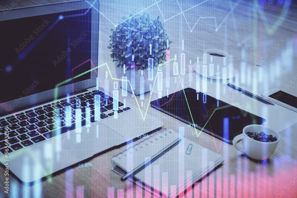 Poster stock market graph on background with desk and personal computer. multi exposure. concept of financi