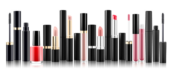 Makeup set. Realistic cosmetic products: lipsticks and lip glosses, nail polish, mascara , isolated on white background.