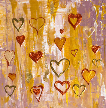 Drawing of bright red harts, small large heart-shaped silhouettes. Golden textil. Picture contains interesting idea, evokes emotions, aesthetic pleasure. Canvas stretched. Concept art painting texture