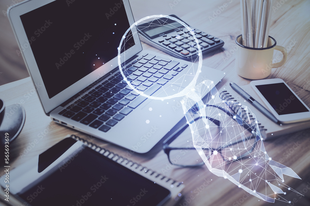 Poster Desktop computer background in office and start up theme hologram drawing. Double exposure. Startup concept.