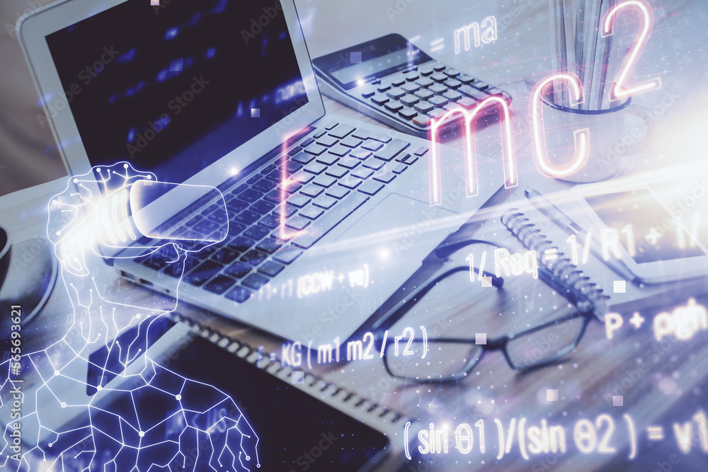 Poster desktop computer background and formula hologram writing. double exposure. education concept.
