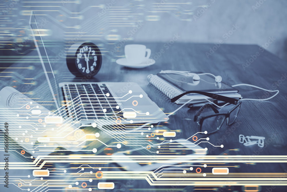 Poster Double exposure of table with computer on background and data theme drawing. Concept of innovation.