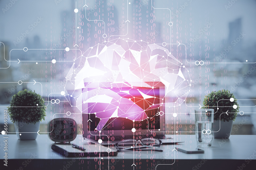 Poster Double exposure of desktop with computer and brain drawing hologram. Artificial intelligence concept.